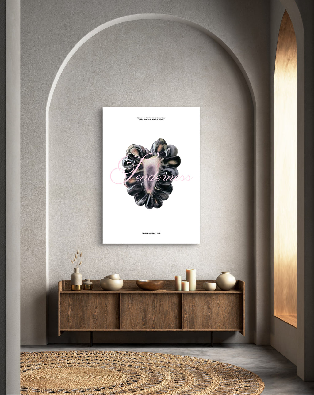 Framed artwork on a wall above a wooden cabinet with decorative items.