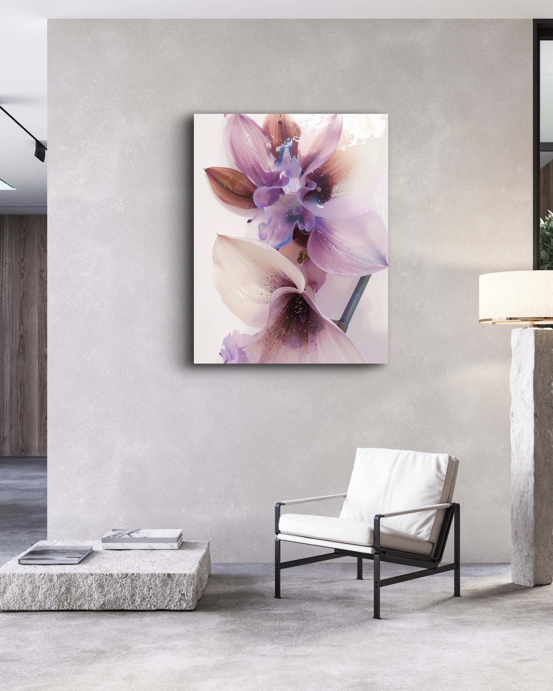 Modern interior with a floral painting on the wall, chair, and lamp.