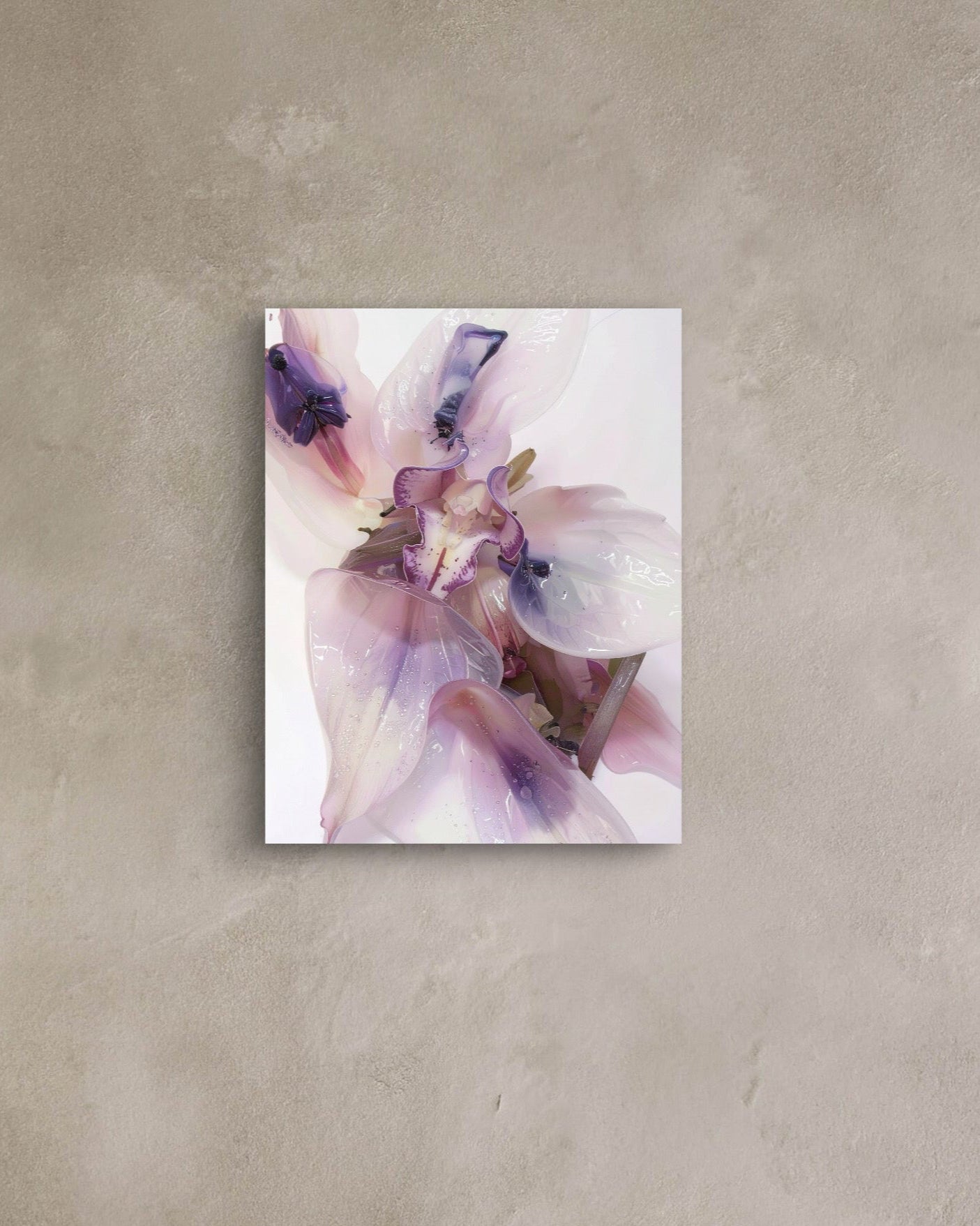Abstract painting on a wall in a minimalistic room with shelves.