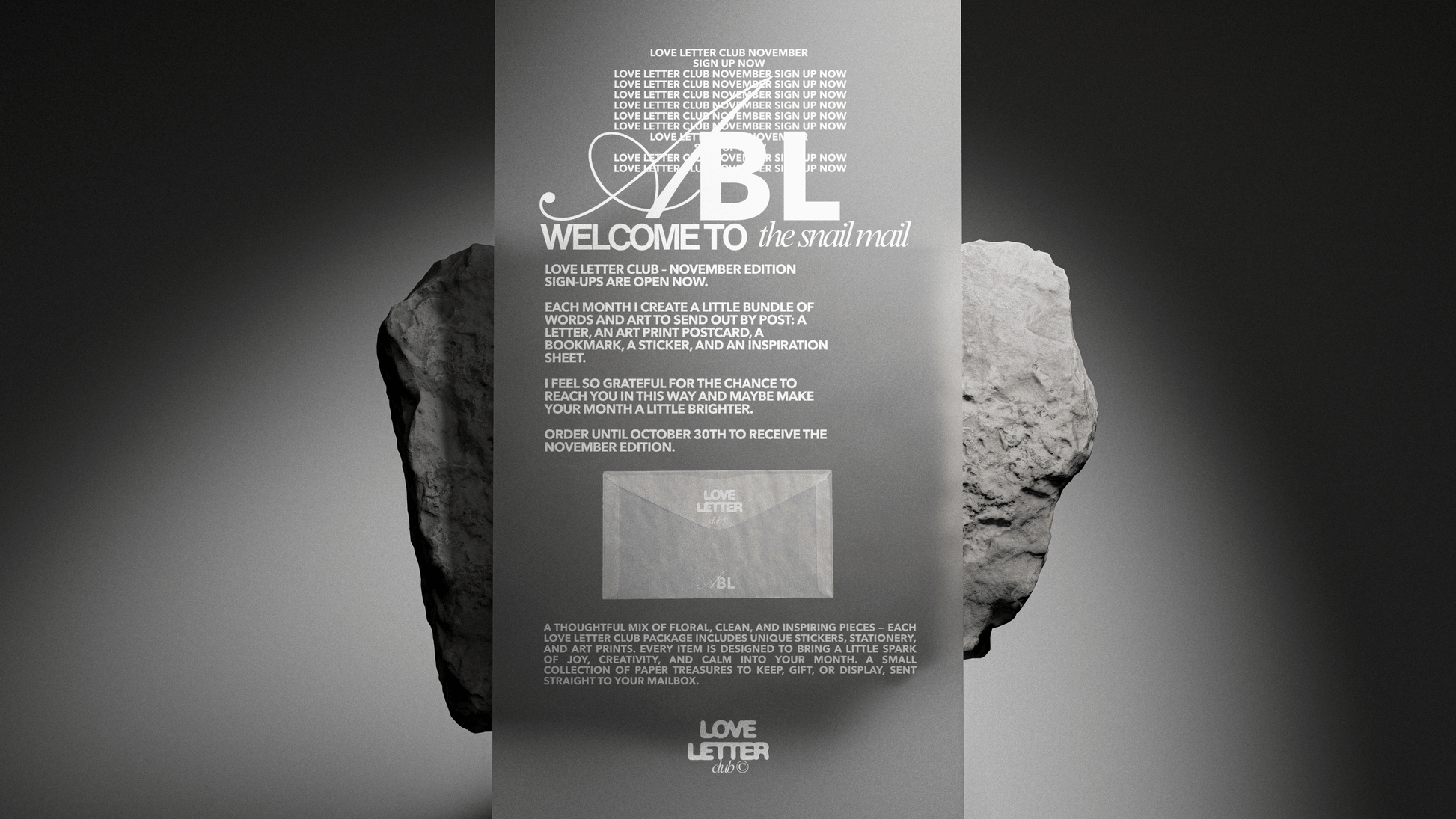Promotional material for 'Love Letter' with text and a logo on a gray background